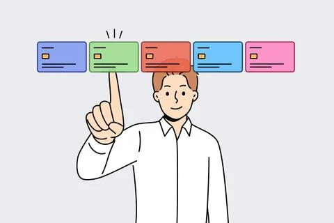 Man selects credit card on virtual screen, wanting to make cashless payments in Stock Illustration