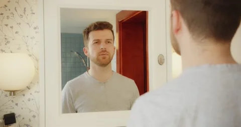Man Selfcare Bathroom Mirror Checking Face Skin Health Morning Routine Stockbeeldmateriaal 195289807