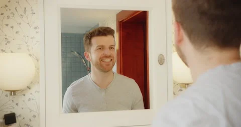 Man Selfcare Bathroom Mirror Checking Face Skin Health Morning Routine Video stock 195289812