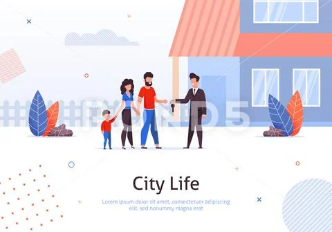 Man Selling or Renting House to Couple with Child. Stock Illustrationen
