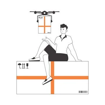 A man sends a package with a drone. The concept of cargo delivery by air. L.. Stock Illustration
