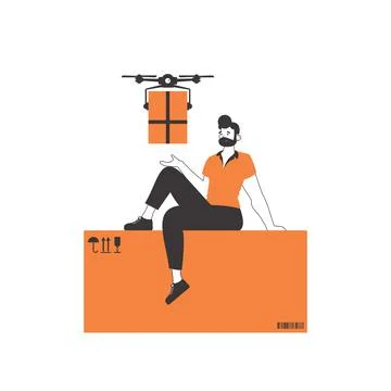 A man sends a package with a drone. Drone delivery concept. Linear modern s.. Stock Illustration