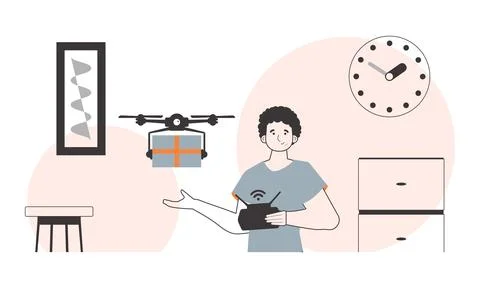 A man sends a package with a drone. Drone delivery concept. Linear style. Stock Illustration