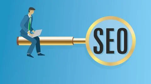Man with SEO in focus. Vector illustration. Illustrazione stock