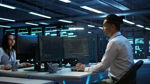 Man in server room tracking network traffic Stock Photos