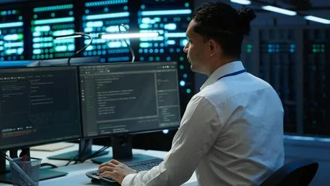 Man in server room tracking network traffic Stock Photos