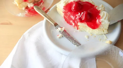 Man serves slice of strawberry cake Stock Footage 65796532