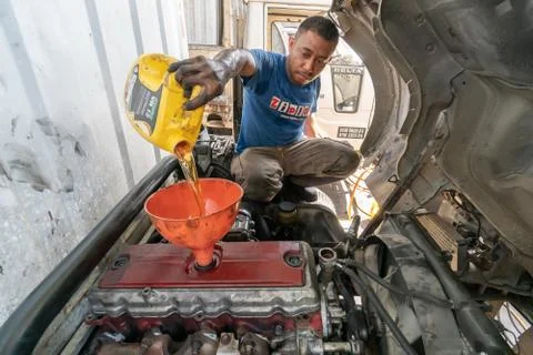 A man service lorry engine Stock Photos