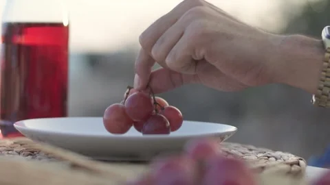 Man serving fruit in dinner plate on rustic picnic table Video stock 270248283