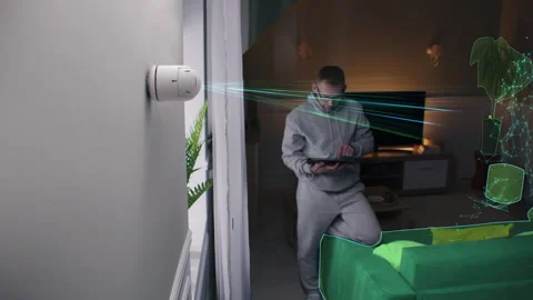 Man sets up security camera at home. 3D render of CCTV camera scanning objects Stock Footage 247760303