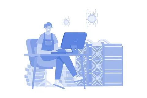 Man Setting Up A Blockchain Mining Rig 스톡 일러스트