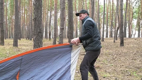Man setting up a camping tent in a pine forest, outdoor adventure and travel Stock Footage 345576733