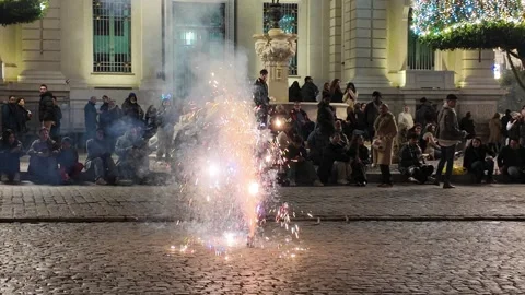 Man Setting Fireworks, New Year's Eve, Seville Stock Footage 296709166