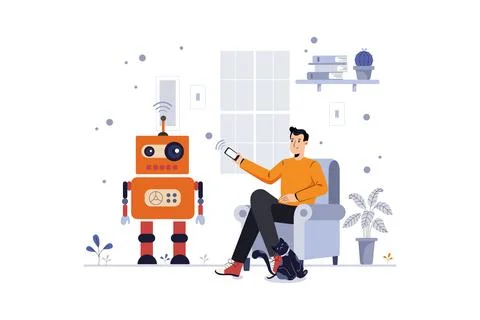 A Man Setting Program For Robotics Stock Illustration