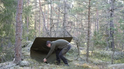 Man setting up tarp shelter in a pine forest wilderness campsite 库存影片 333690392