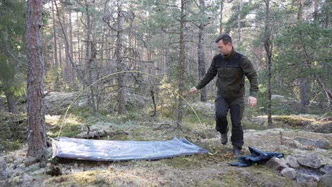 Man setting up a tent with flexible branch in pine forest 库存影片 333690526