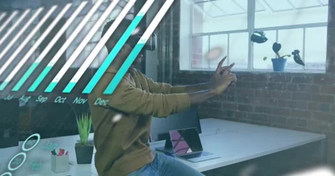 Man settling into VR headset and navigating from bar graphs to rotating globe, Stock Footage 317800033