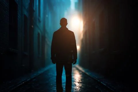 Man shadow in empty street at night, city alley with fog and dramatic lightin Stock-Illustration