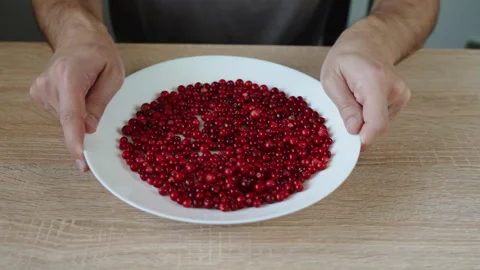 Man shakes and distributes red lingonberries on plate at home. Vídeo Stock 249102617