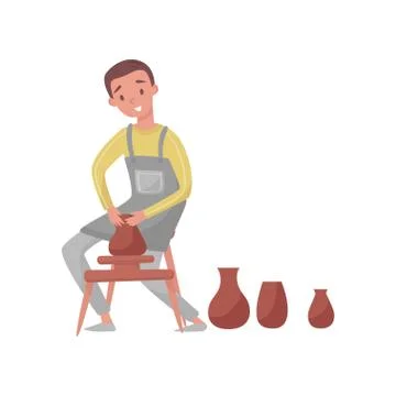 Man shaping ceramic jug on rotating pottery wheel. Young potter guy making Stock Illustration