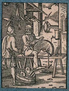 A man is sharpening blades and scissors on a grinding wheel. Woodcut. Stock Illustration