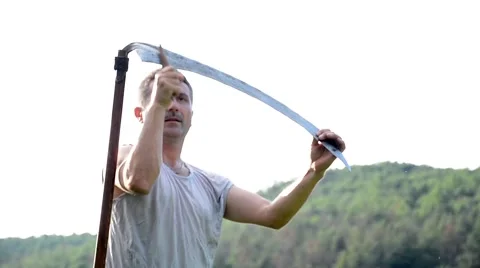 Man sharpens his scythe with a cute, preparing for mowing Stock Footage 60446640