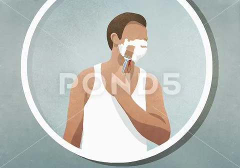 Man shaving his face, bleeding in mirror Stock Illustration