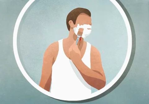 Man shaving his face, bleeding in mirror Stock Illustration