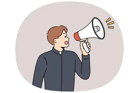 Man shepherd shouts into megaphone, announcing start religious sermon in Stock-Illustration