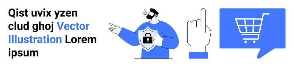 Man with Shield and Lock, Pointing Hand, Shopping Cart in Speech Bubble - S.. Stock Illustration