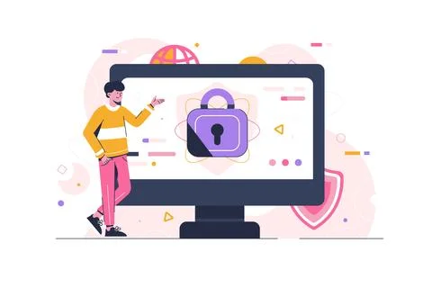 A man with shield and lock on the screen. Anti virus software, internet security Stock Illustration