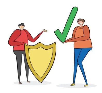 Man with shield and other man holding check mark, hand-drawn vector illustrat Stock Illustration
