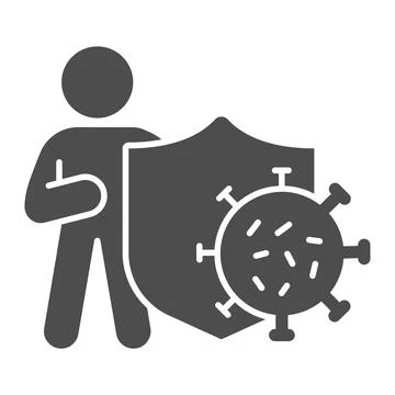 Man with shield and virus solid icon, Corona downturn concept, Man is protected Stock Illustration