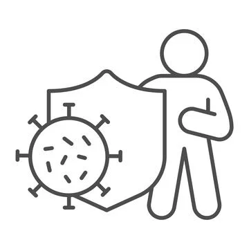 Man with shield and virus thin line icon, Corona downturn concept, Man is イラスト素材
