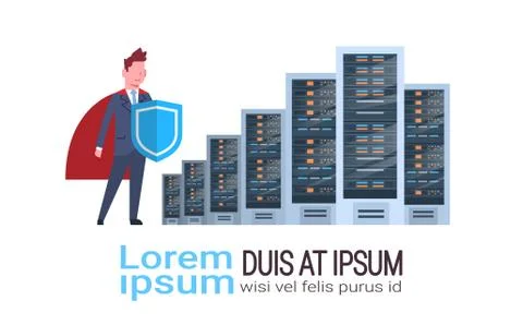 Man with shield on data storage center with hosting servers and staff. Computer 스톡 일러스트