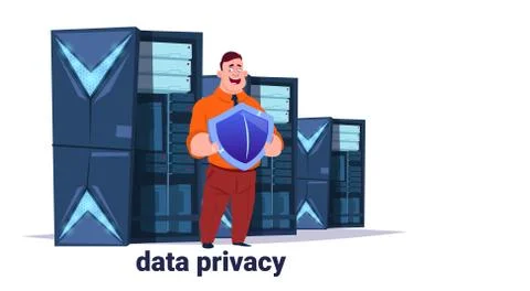 Man with shield on data storage center with hosting servers and staff. Computer イラスト素材