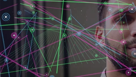 Man shifting closed eyes to smiling as grid and nodes appearing, lines sweeping Stock Footage 333594664