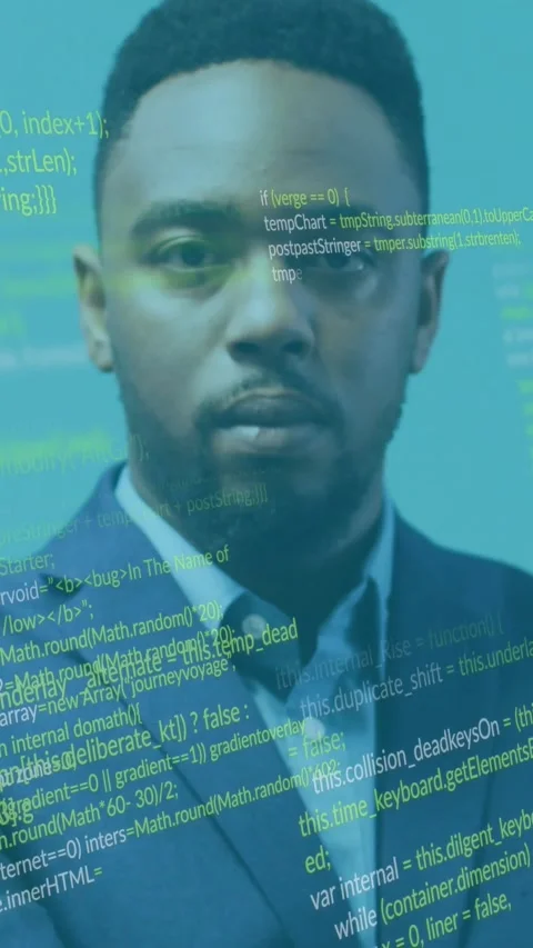 Man shifting posture holding gaze, code appearing lower-left, projecting on Stock Footage 334547014