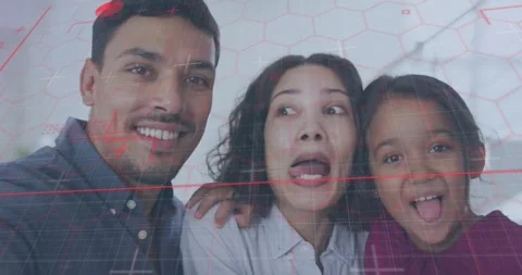 Man shifting to puzzled woman pulling child sticking tongue selfie starting red Stock Footage 330355312