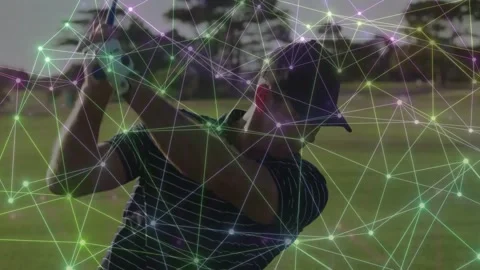 Man shifting weight and executing swing as network overlay mapping club path for Stock Footage 333999232