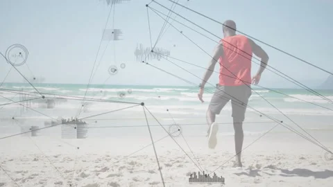 Man shifting weight performing quad stretches for fitness with digital metrics Video stock 311084331