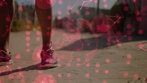 Man shifting weight, stepping forward on sunlit path as red tech overlay Stock Footage 331273004