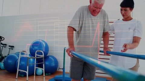 Man shifting weight, stepping on parallel bars for balance rehab, PT guiding, Stockbeeldmateriaal 332641965