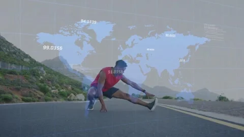 Man shifting wide stance performing side hamstring warmup on mountain rd with Stock Footage 331615192