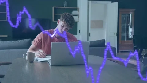 Man shifting writing notes to typing pc at table, purple waveform crossing front Stockbeeldmateriaal 333734765