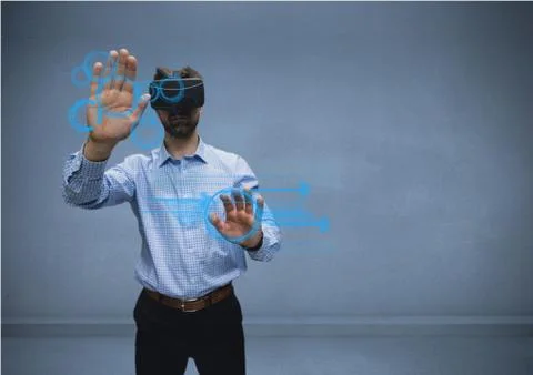 Man in shirt with vr using interface Stock Photos