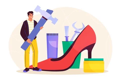 Man shoemaker concept. Young guy with hammer near huge red shoe. Repair of Stock Illustration