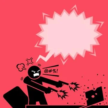 Man shooting at a computer with two guns because he is very angry at the laptop. Stock-Illustration