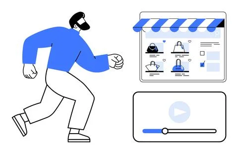 Man shopping online with e-commerce website interface and video player icons Illustrazione stock