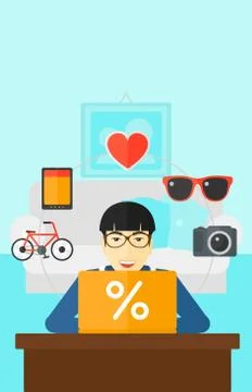 Man shopping online using his laptop Stockillustratie